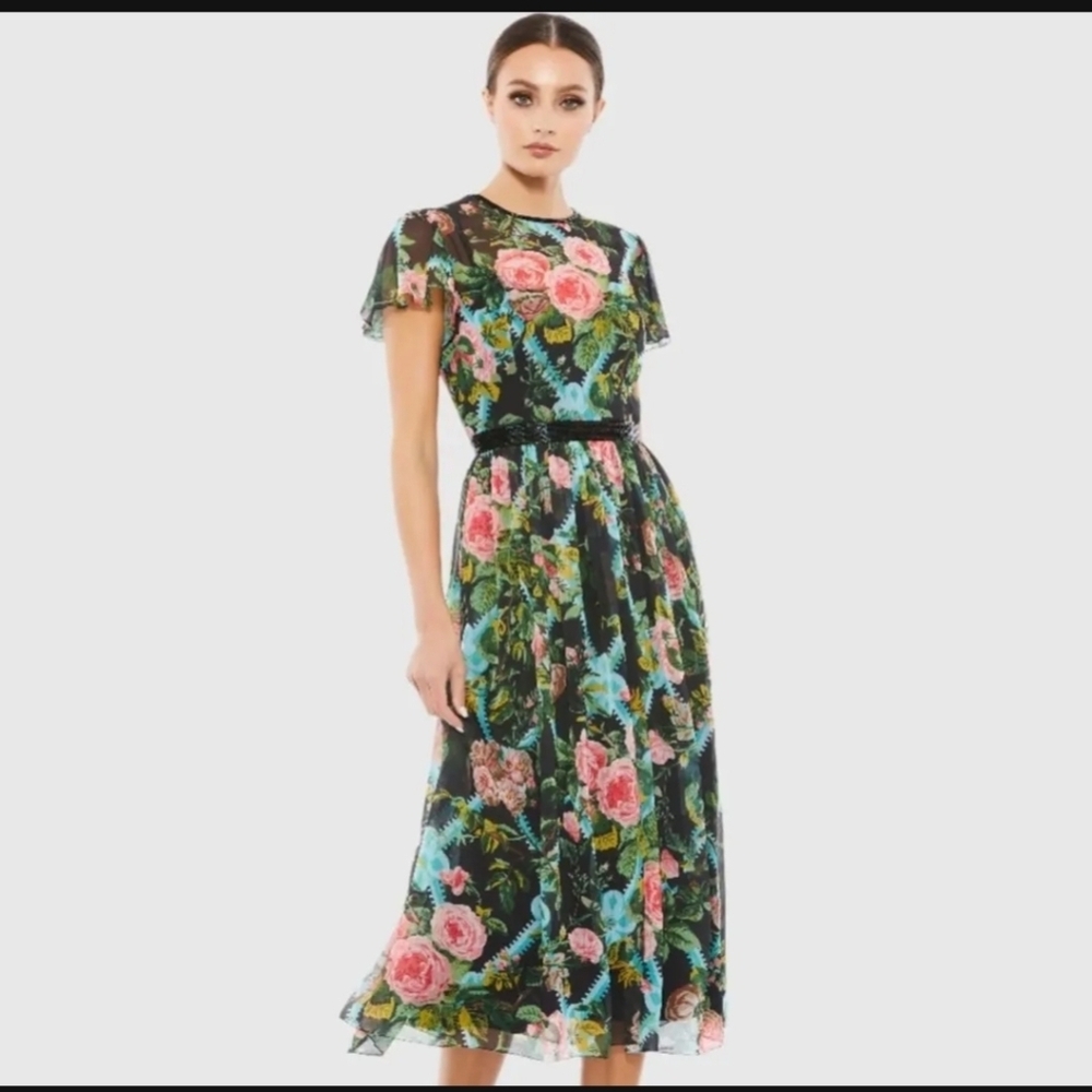 Mac Duggal Floral Illusion Cap Sleeve Midi Dress